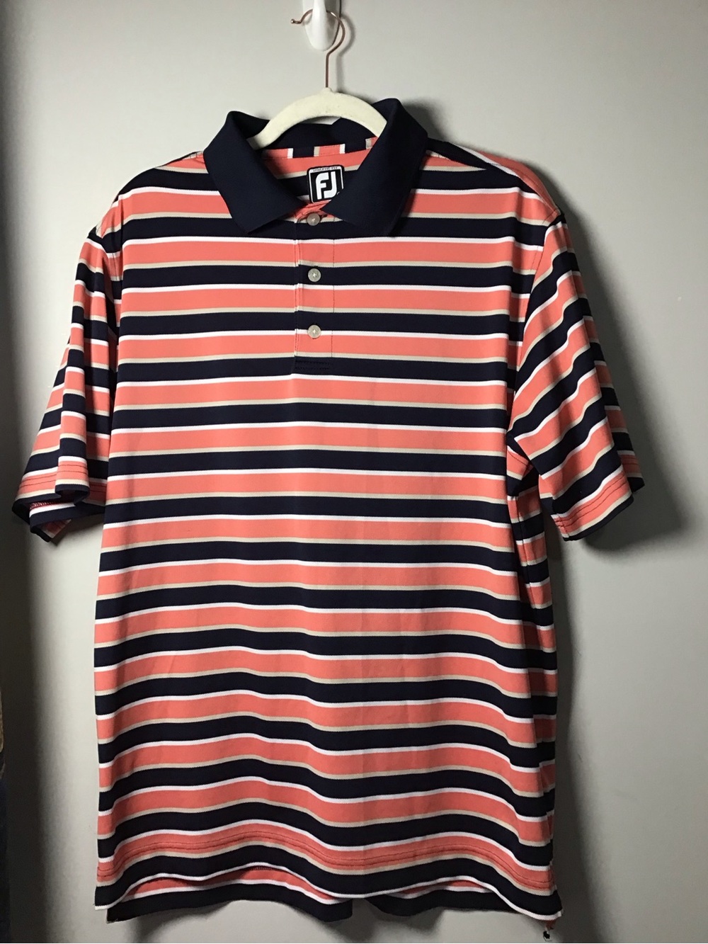 FootJoy Coral and Navy Striped Performance Polo Sz L Pre-owned